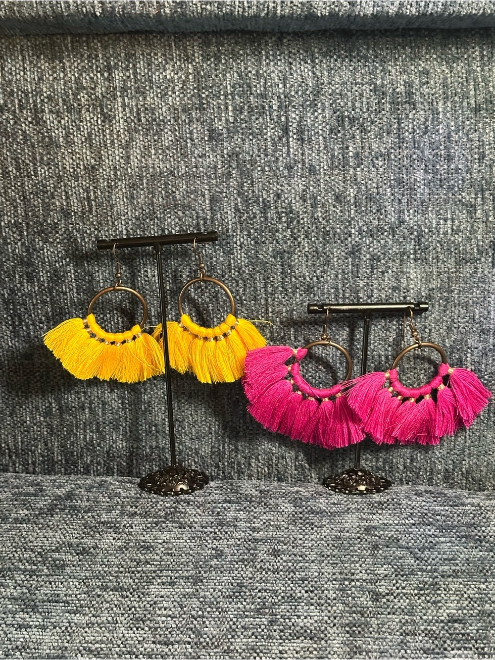Boho Fringe Hoop Earrings - Yellow & Hot Pink with Bronze Tone Hardware